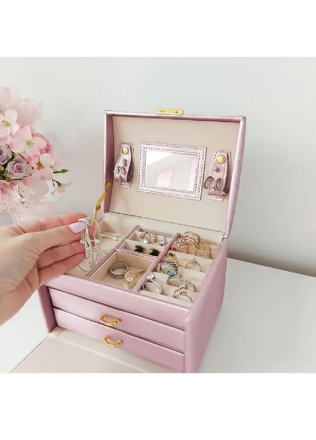 Шкатулка для хранения бижутерии украшений сатиновая с зеркалом ключом выдвижными ящиками 13x13,7x17,5 см (482110-Prob) Розовая Unbranded (370456147)