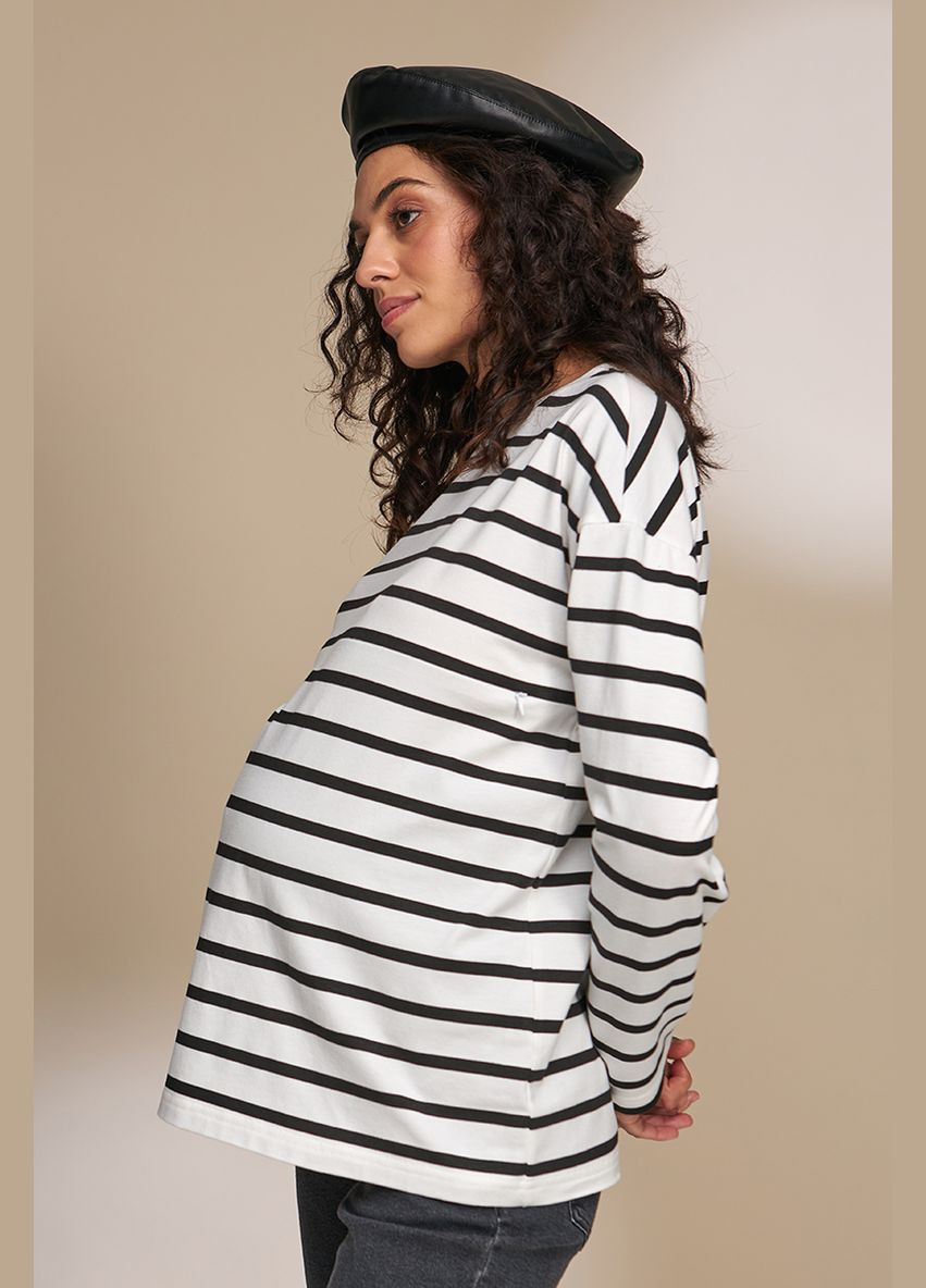Трикотажный лонгслив для беременных и кормящих молочный черная полоска Юла мама (284116682)