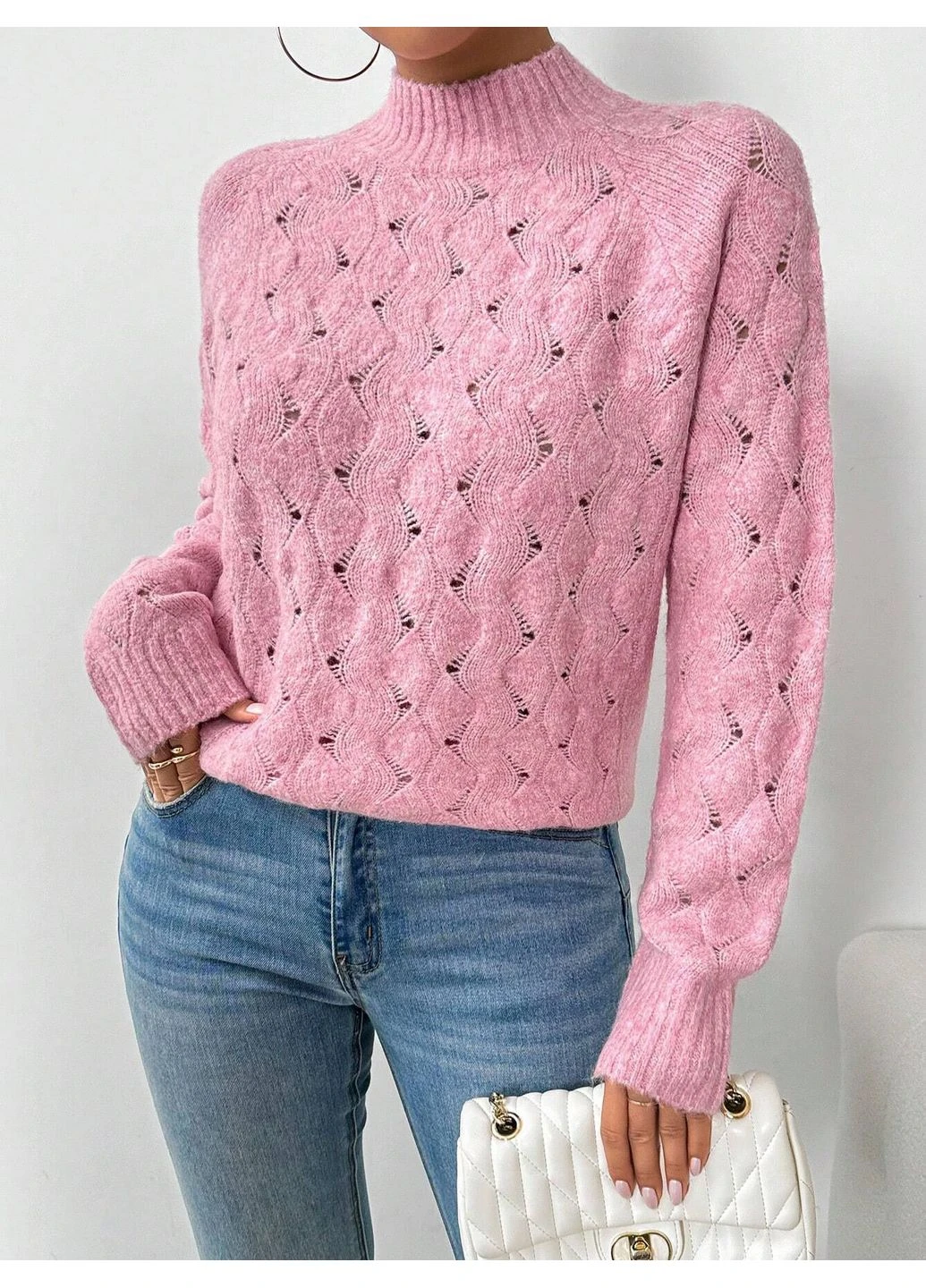 Розовый демисезонный вязанный свитер SHEIN