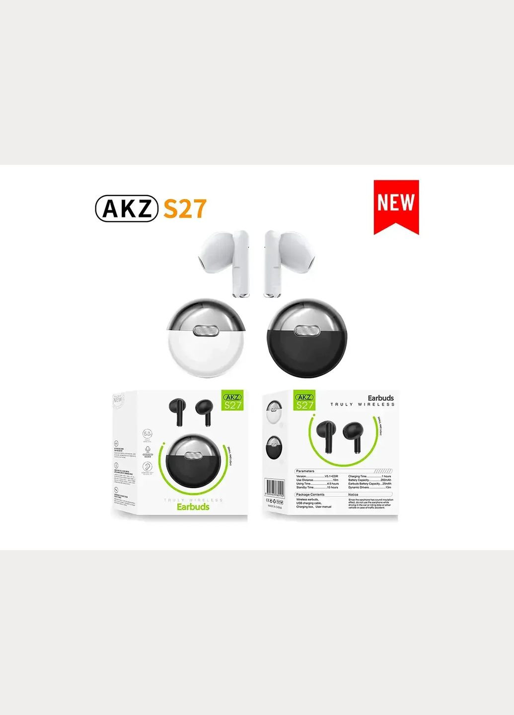Гарнитура Double с кейсом Bluetooth AKZ-S27 цвет: черный TWS (339602755)