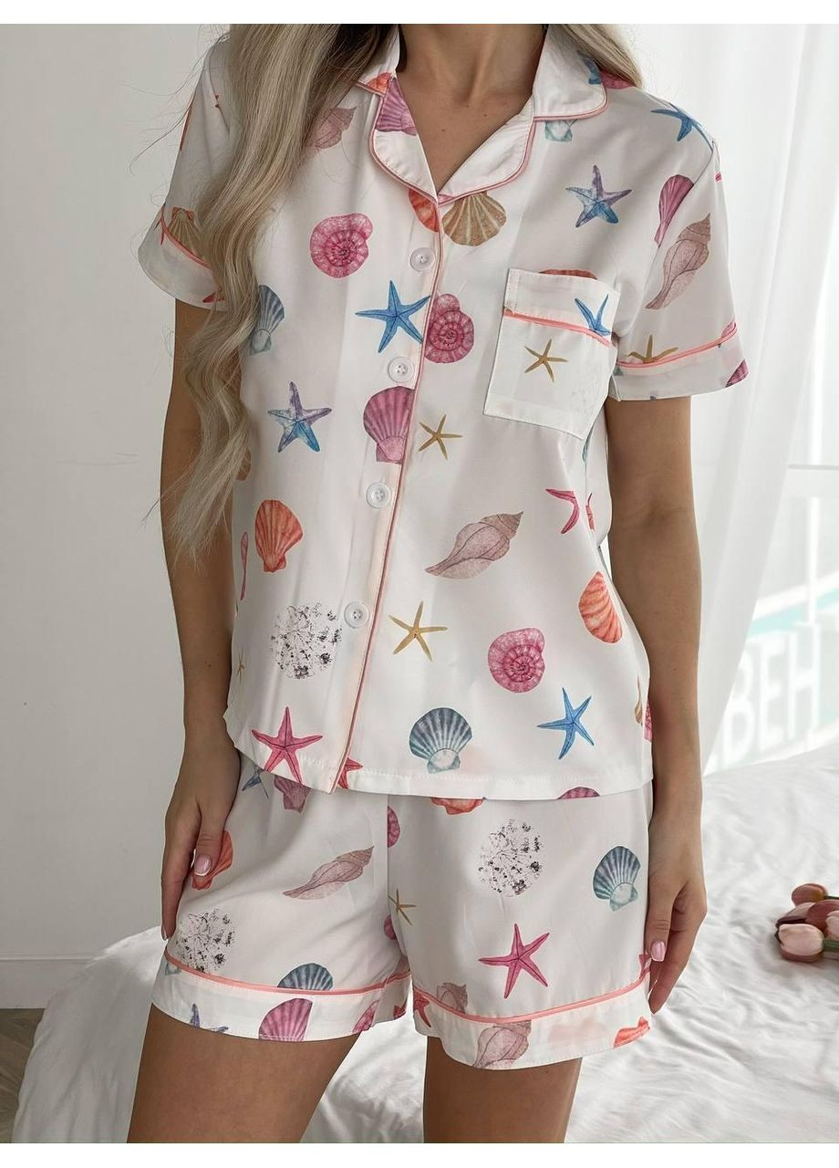 Белая пижама женская с принтом ракушек и морских звезд ткань софт / летняя пижама морской принт ракушки и звезды / комплект для сна No Brand