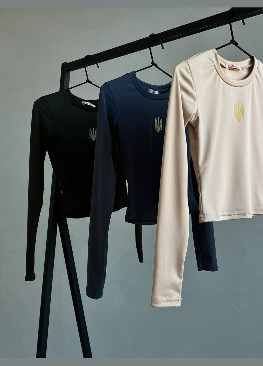 Патриотичный однотонный топик "Тризуб" из микродайвинга в одном размере 42-46,топ цвета хаки с гербом Украины на груди No Brand 1411-1 (301407596)