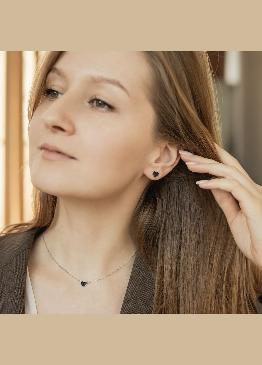 Кольє срібне маленьке Сердечко тонкому на ланцюжку з чорною емаллю Каштан (342335168)