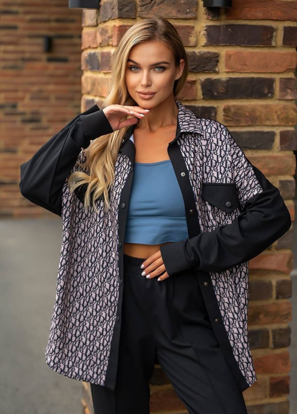 Черно-белая повседневный рубашка с надписями Tik-Tak с длинным рукавом