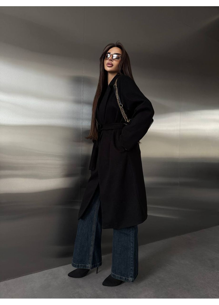 Черное демисезонное Пальто кашемировое на подкладке с поясом (замеры в описании) DK/DL Мода без кордонів