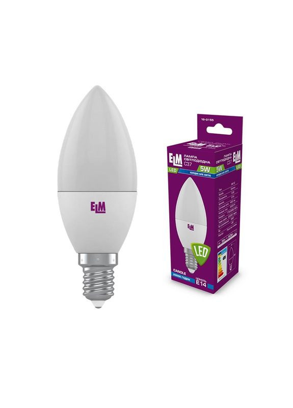 Лампа светодиодная свеча 5W E14 4000K (18-0155) ELM (368679528)