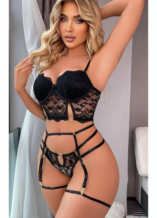 Чорний демісезонний чорний комплект білизни з металевими сердечками та гартерами FOR DREAMS
