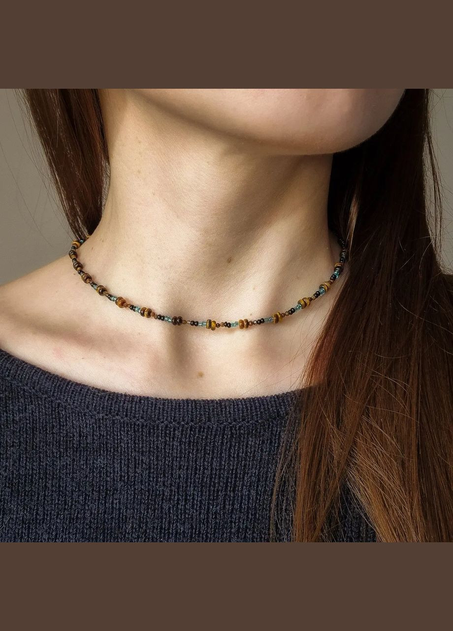 Чокер натуральний камінь Тигрове Око та Бісер, фур-ра нержавіюча сталь d-4х2мм+- L-38-43см No Brand тигрове око нержавіюча сталь, бісер (324836254)