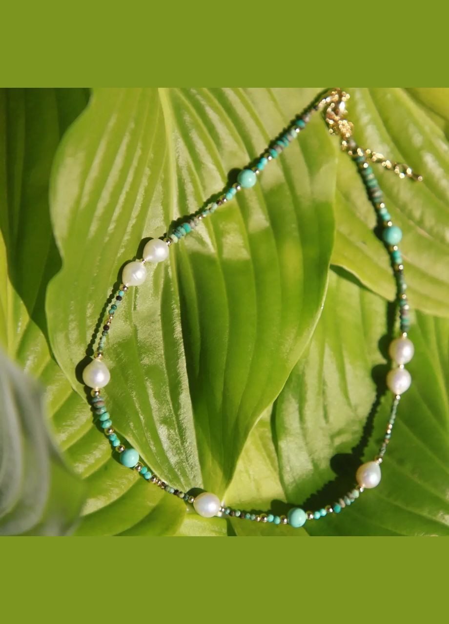 Чокер натуральний камінь Бірюза + Перли, фур-ра гіп-ний сплав колір золото d-7-1,5мм+- L-38-43см No Brand перли (культивовані), бірюза латунь золото (302899928)