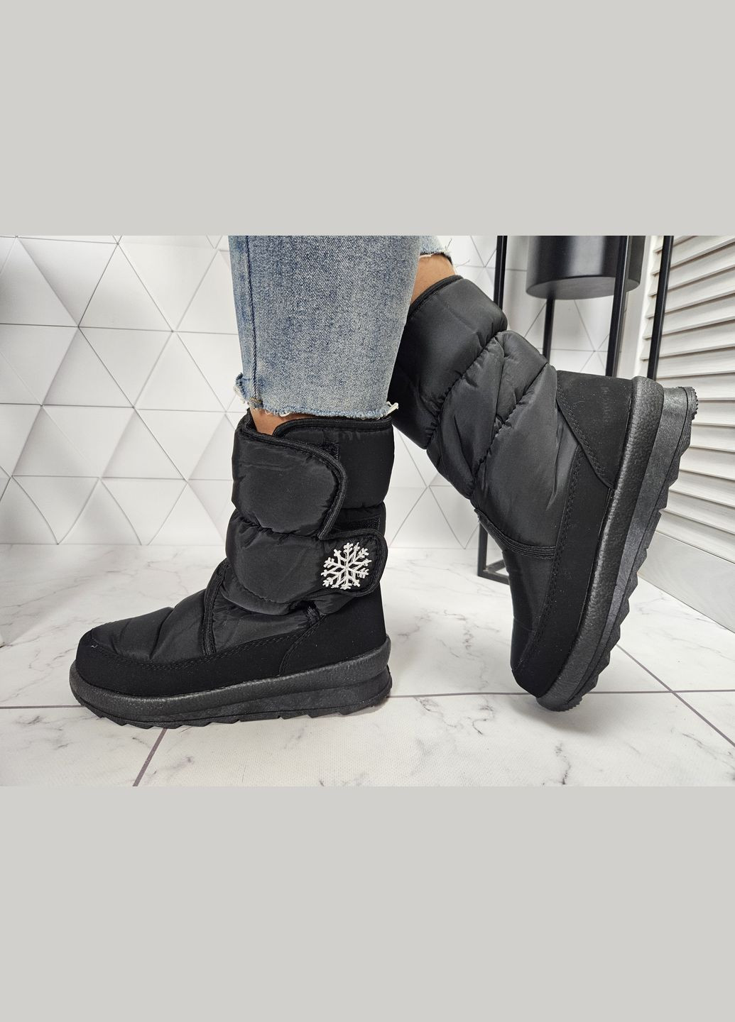 Дутики зимові чоботи на хутрі чорні зі сніжинкою на липучці (24 см) sp-2831-4 No Brand (289728599)