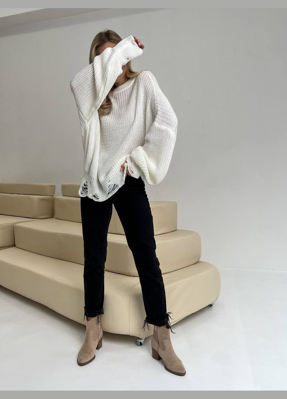 Жіночий светр з дірками молочного кольору р.42/46 407262 New Trend (285711186)