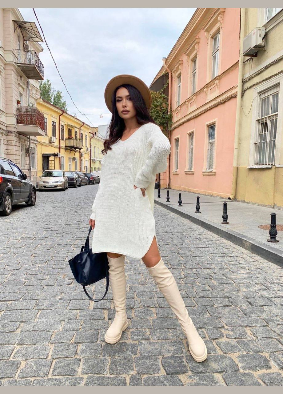 Молочное вязаное платье-туника молочного цвета 29939 платье-свитер Fashion однотонное