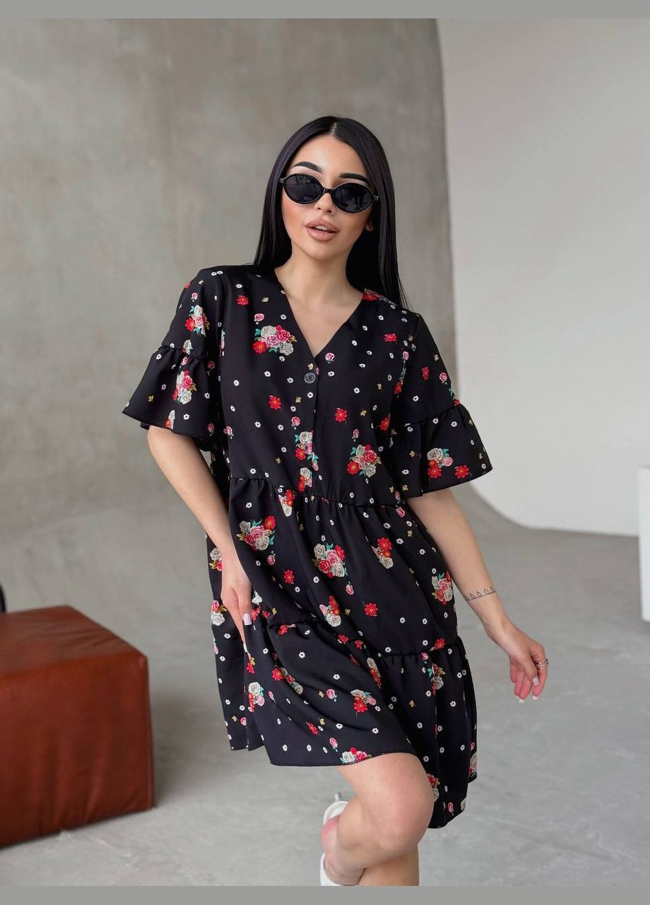 Черное повседневный платье DK/DL Мода без кордонів с цветочным принтом