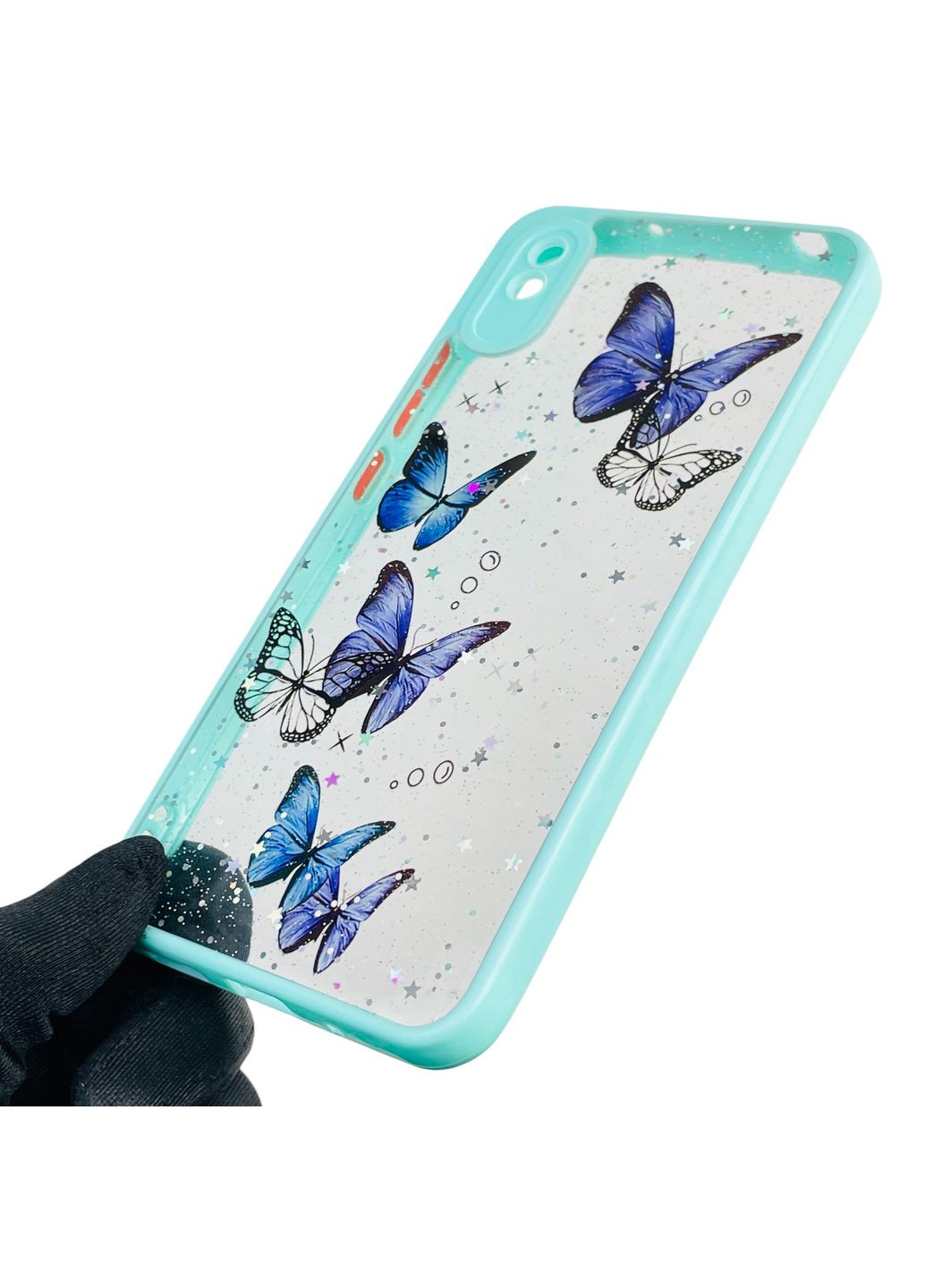Чохол для Redmi 9A з блискітками з метеликами на сяомі редмі 9а бірюзовий Xiaomi (366387773)