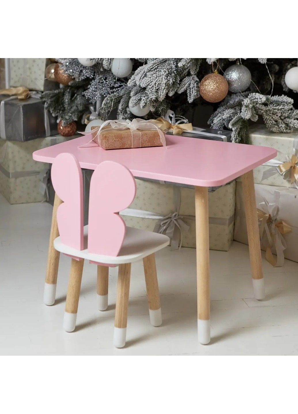 Дитячий прямокутний столик (Рожевий) та стільчик Метелик (Рожевий з білим) No Brand (331639533)