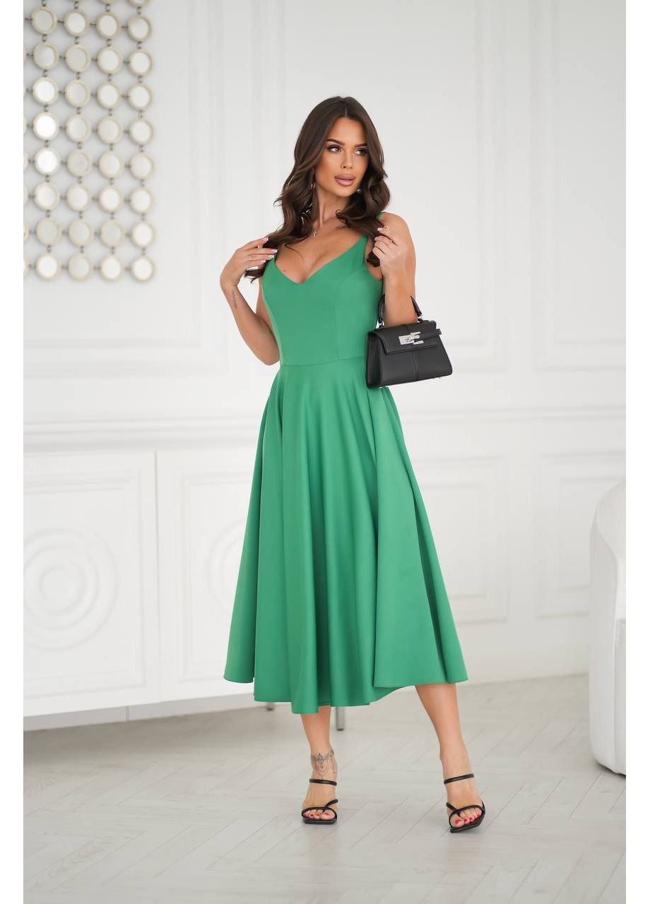 Зеленое праздничный, вечернее коктейльное платье с меди-юбкой солнце и двойными бретелями Україна однотонное