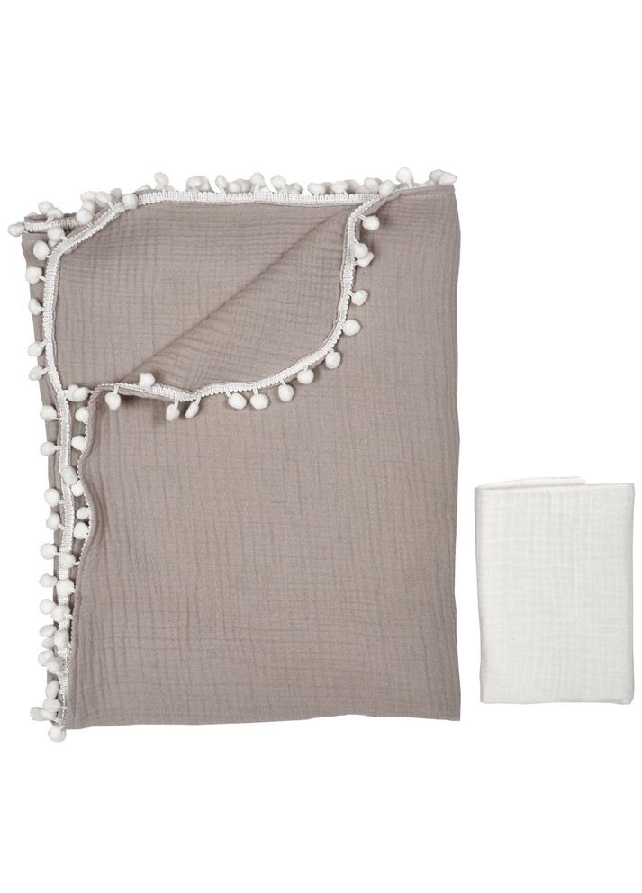 Плед муслиновый, 4-х слойный, с помпонами + салфетка, 100х100 см, серый () Twins 1620-PM-100х100-10 (360961510)