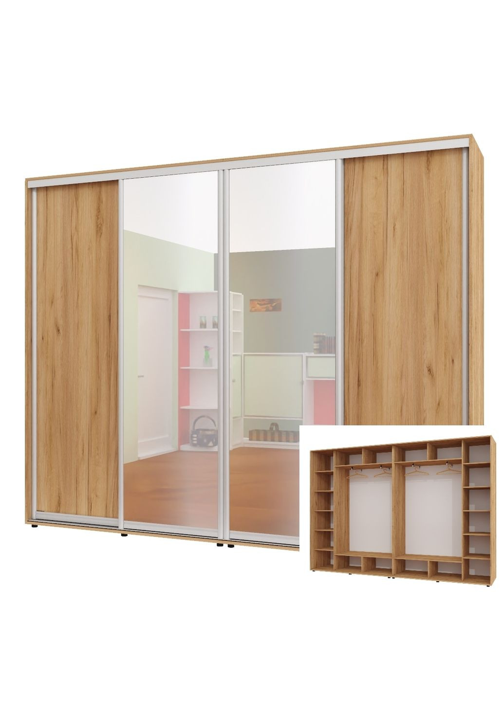 Шкаф-купе четырехдверный 300*45*250 см Дуб крафт золотой 4 двери ДСП + Зеркало + Зеркало + ДСП ШК-02 Алекса (360477475)