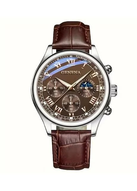 Мужские наручные кварцевые часы Brown с коричневым циферблатом и экокожим ремешком, классический стиль. Geneva (368882690)