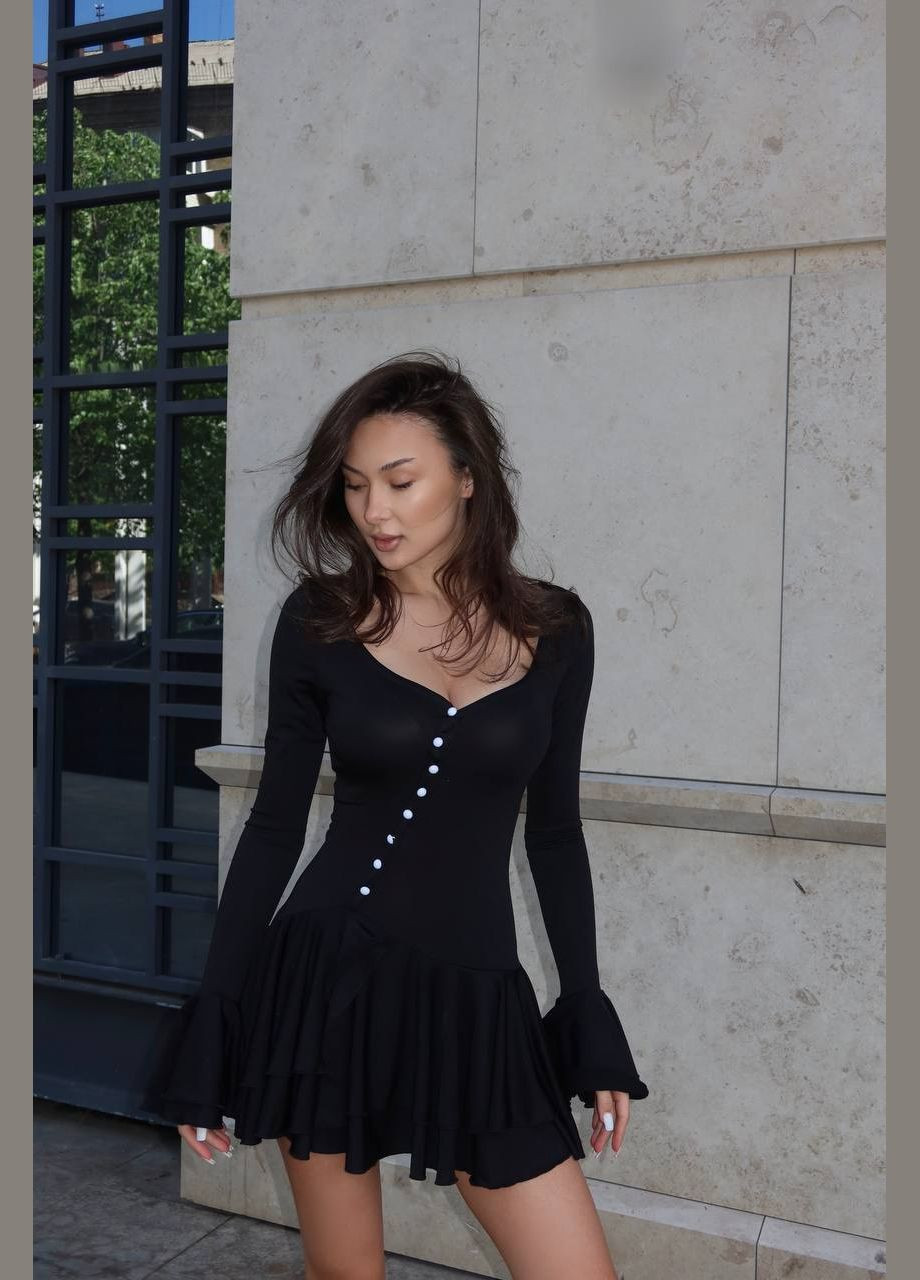 Черное повседневный, коктейльное, вечернее платье мини с длинным рукавом и рюшами Avanti однотонное