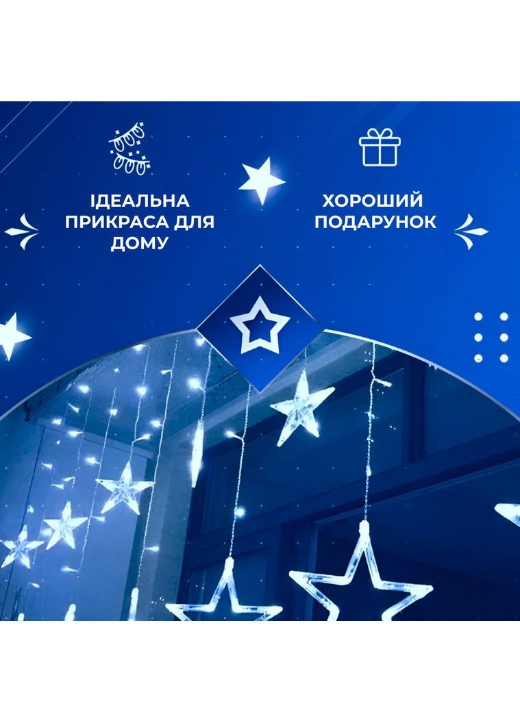 Гірлянда-штора Зірки розмір 3*0,7 м 12 фігур, синій No Brand (365598804)