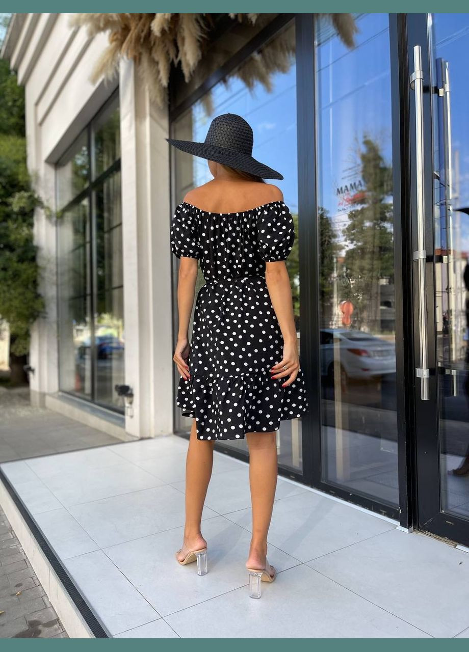 Чорна легка сукня мінi з поясом в горох чорного кольору 32050 а-силует Fashion в горошок