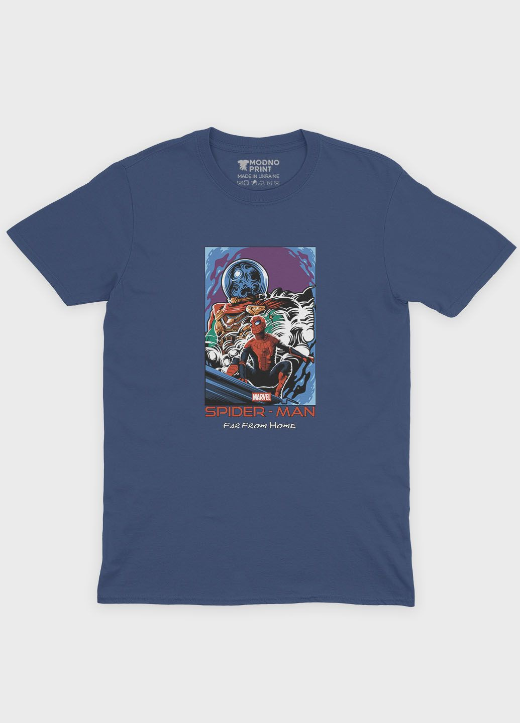 Темно-синя демісезонна футболка для хлопчика з принтом супергероя - людина-павук (ts001-1-nav-006-014-036-b) Modno