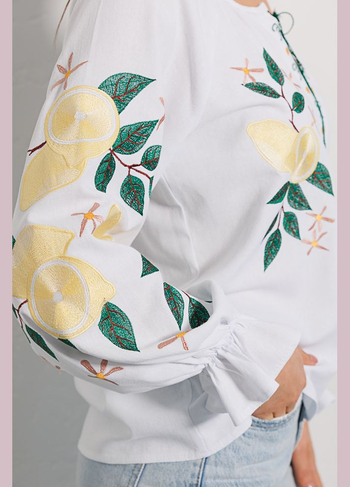 Жіноча вишиванка біла з лимонами та квітами гладдю Arjen (289787515)