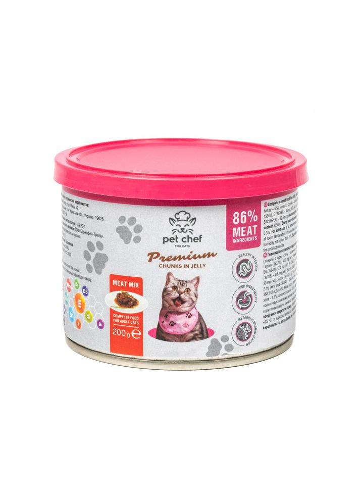 Вологий корм для котів шматочки в желе М’ясний мікс 200 г Pet Chef (362459024)