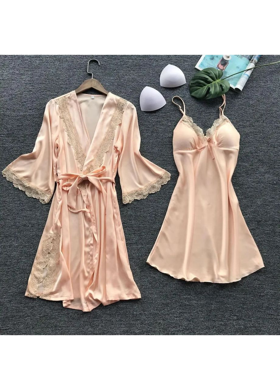 Атласний халат із мереживним пеньюаром із вкладками. Халат із пеньюаром і поясом на бретельках China (360865187)