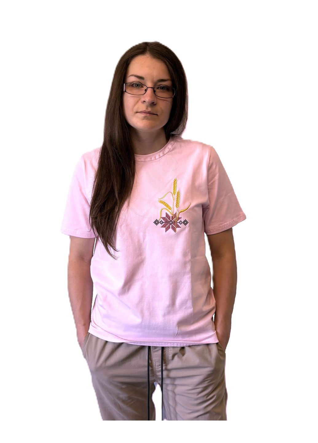 Розовая женская розовая вышитая футболка с красным орнаментом НоКо узор орнамент прямой, свободная трикотаж (340248498)