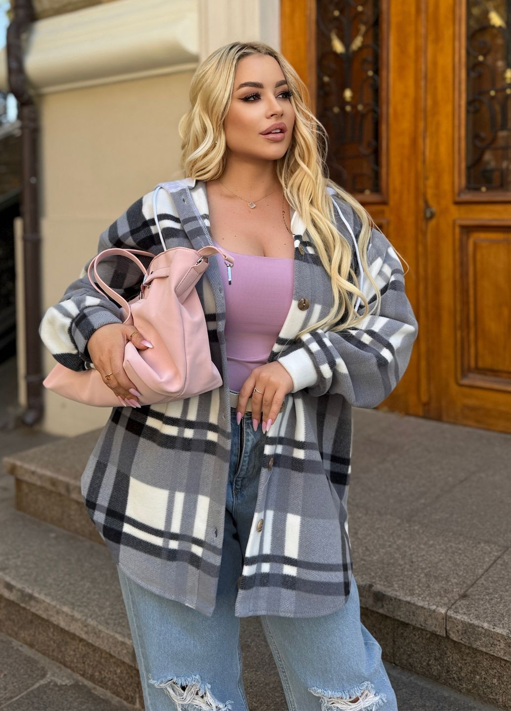 Флісова сорочка жіноча оверайз подовженого крою з капюшоном No Brand (361361925)