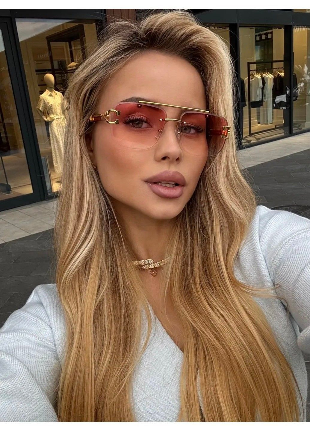 Сонцезахисні окуляри квадратні Panthère без оправи з дерев'яною текстурою градієнт рожеві No Brand (362026462)