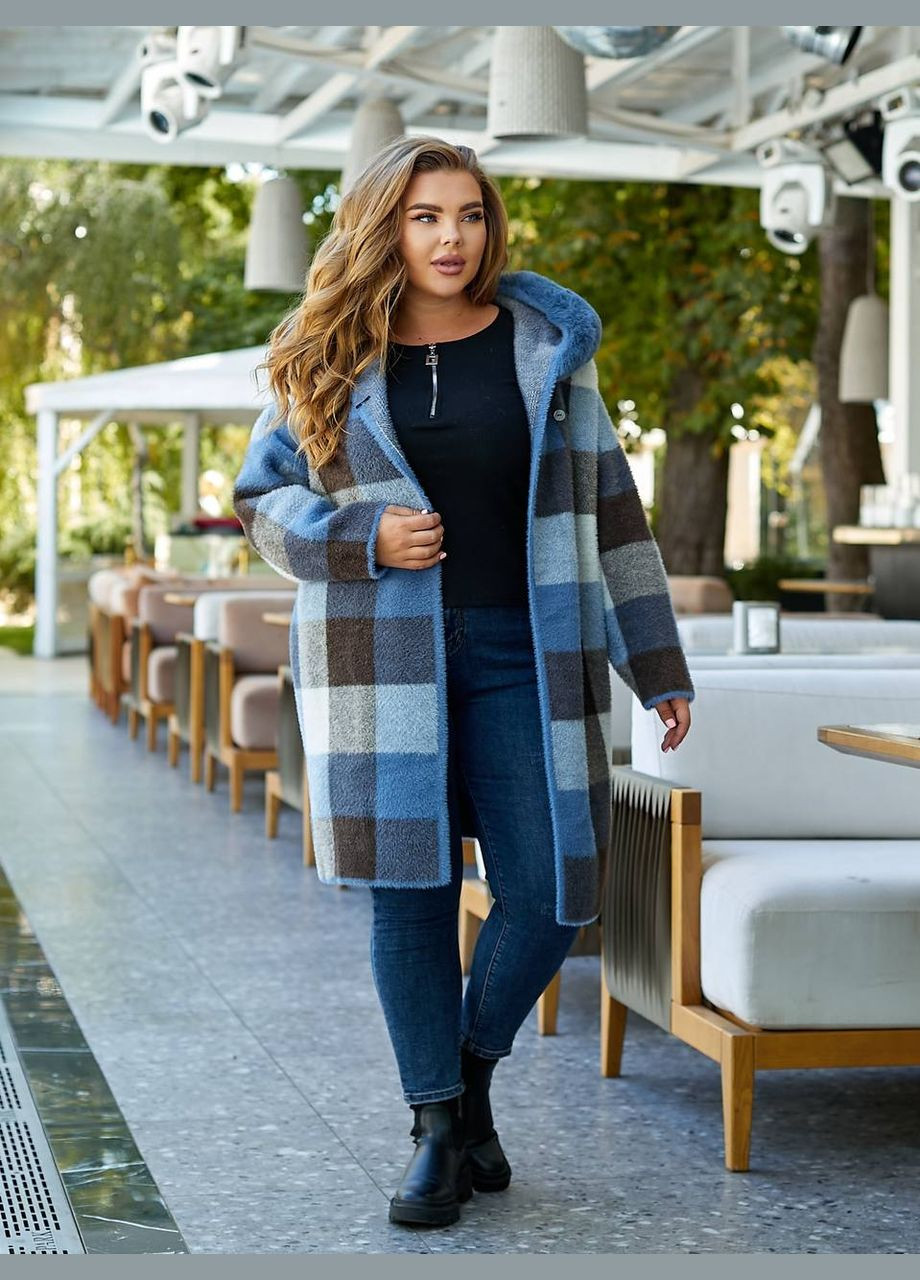 Голубое зимнее Пальто из альпаки в розовую клеточку 48-54 KVAN