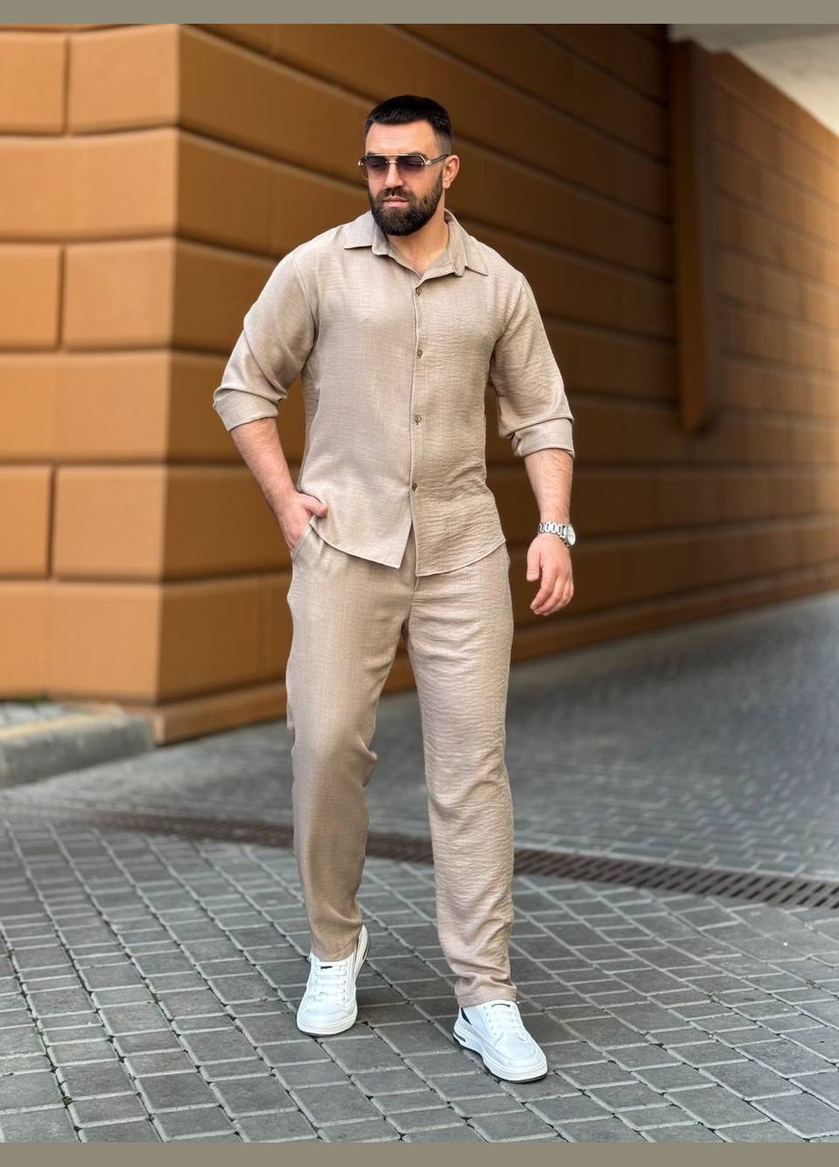 Бежевый летний костюм с рубашкой, брючный Україна Your style