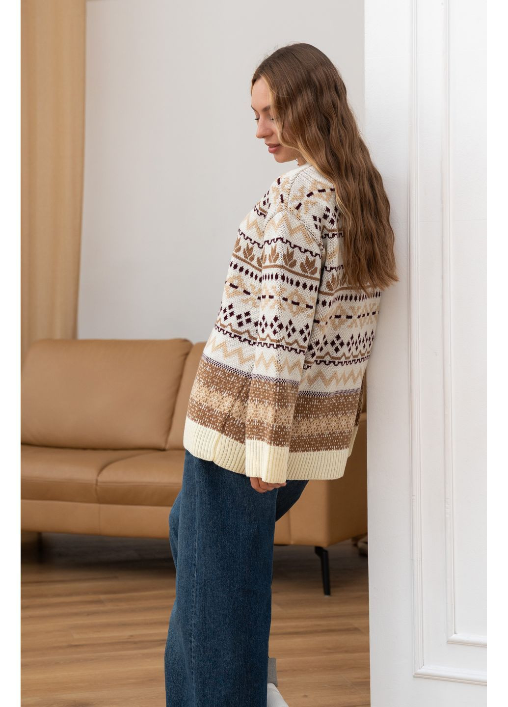 Молочний жіночий теплий вовняний светр шафран з орнаментом молочний з бежем You Best