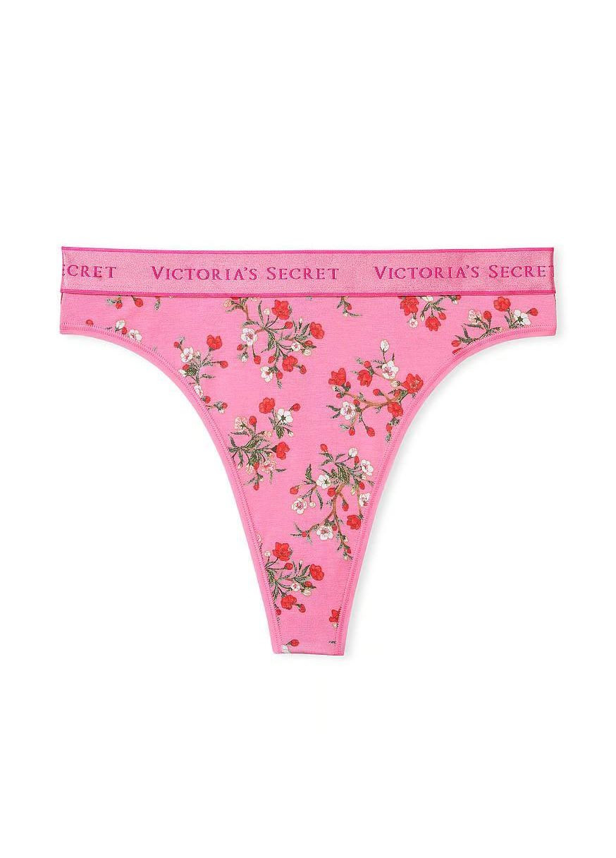 Трусики-стринги с высокой посадкой Logo Cotton High-Waist Thong Panty розовые Victoria's Secret (314768806)
