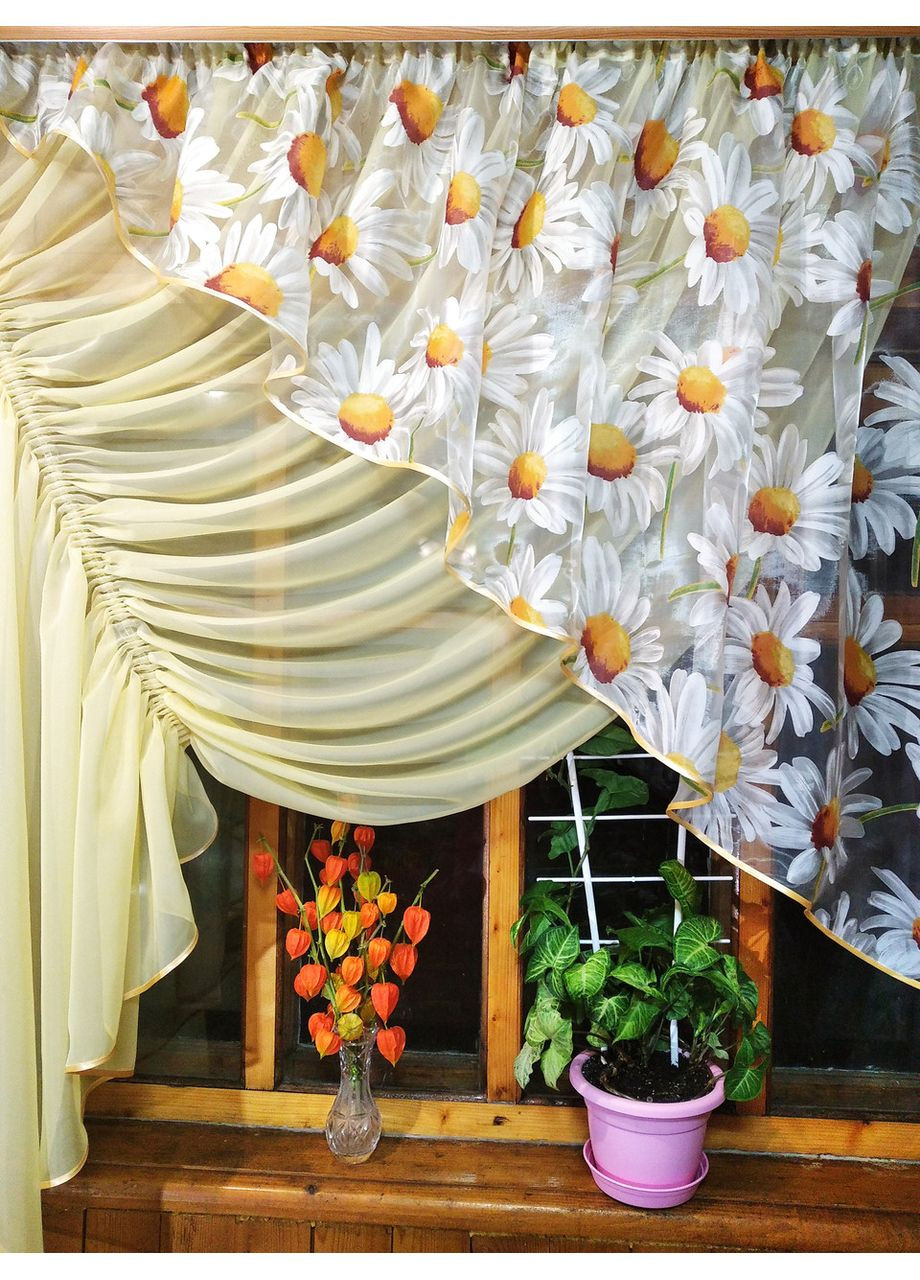 Фіранка коротка готова Камелія місячний ромашка ліва No Brand (372133813)