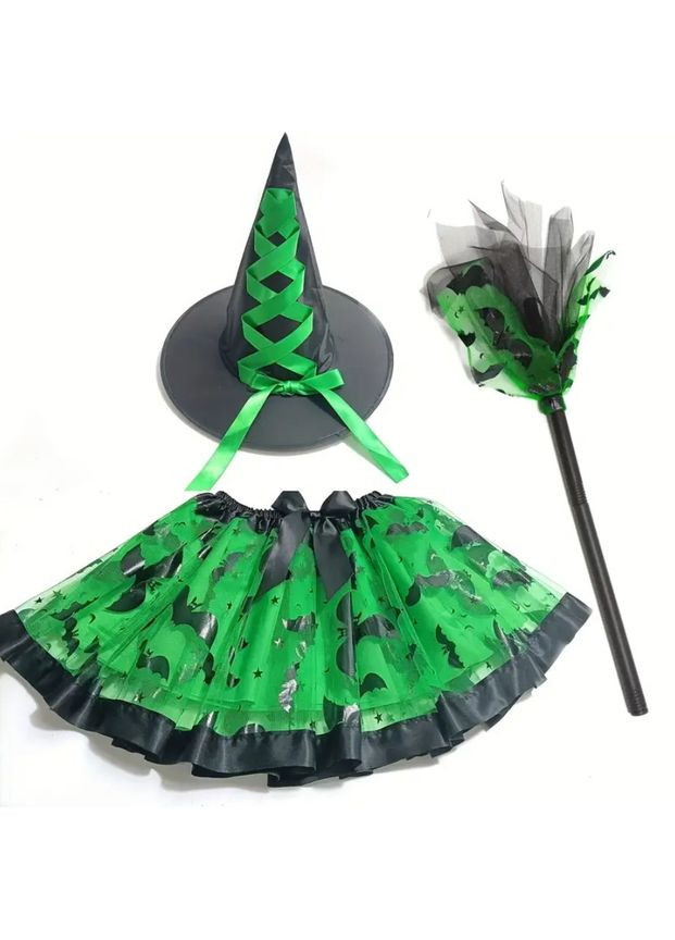 Карнавальний костюм маленької відьми з капелюхом, спідницею та мітлою No Brand (363555714)