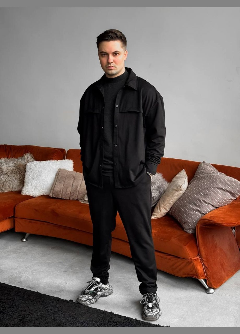 Черный демисезонный замшевый костюм двойка с рубашкой, брючный Україна