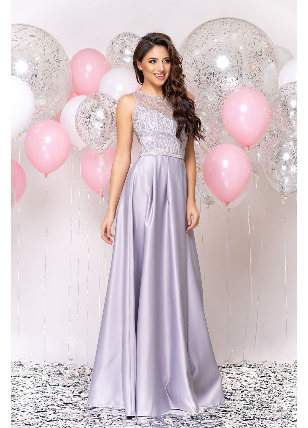 Серое вечернее вечернее платье атлас макси 20024 серо Tanita-Romario