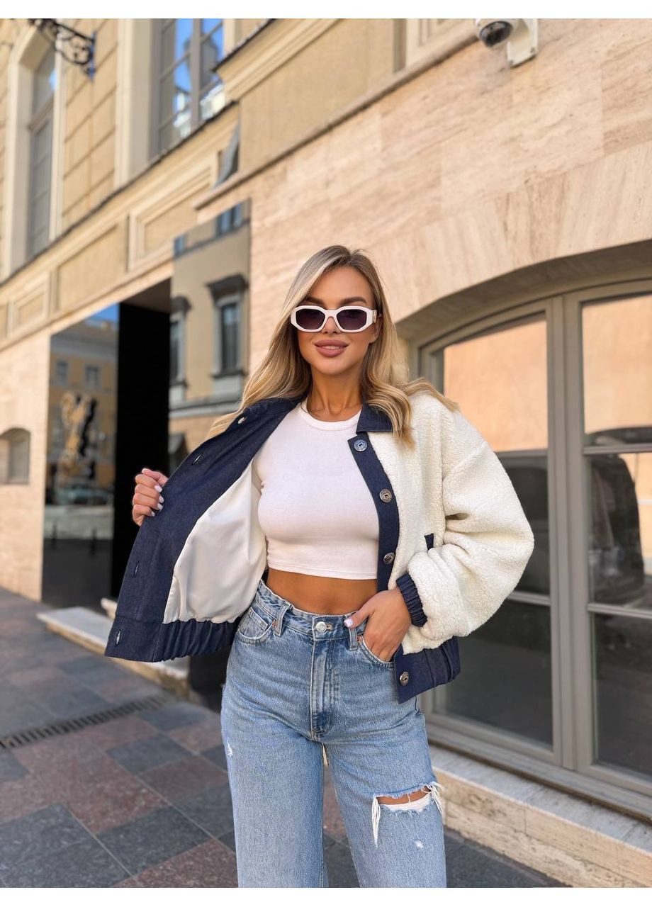 Молочная демисезонная женская куртка из турецкого меха тедди с джинсовыми вставками — замеры в описании куртка-пальто DK/DL Мода без кордонів