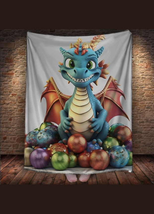 Плед с 3D принтом синий дракон с новогодними украшениями, Год Дракона Перша Креативна мануфактура PERFECTUS Плед (301869211)