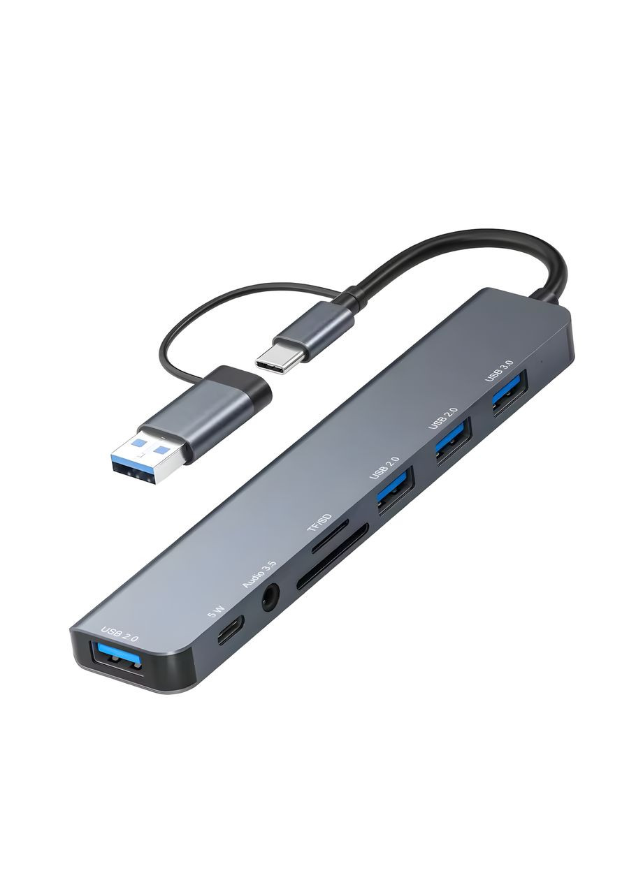 USB Type-C хаб концентратор 8 в 1 SD TF USB 3.0 2.0 3.5 мм Aux з перехідником No Brand (327400539)