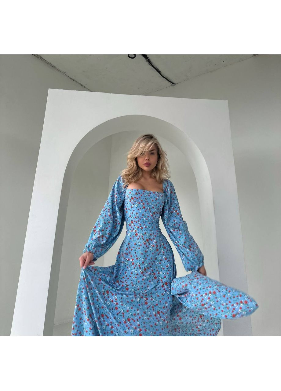 Блакитна кежуал жіноча довга сукня з розрізом з відкритою спиною Україна з квітковим принтом