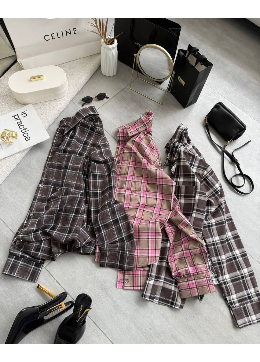 Розово-коричневая спортивная, повседневный, кэжуал рубашка в клетку No Brand с длинным рукавом