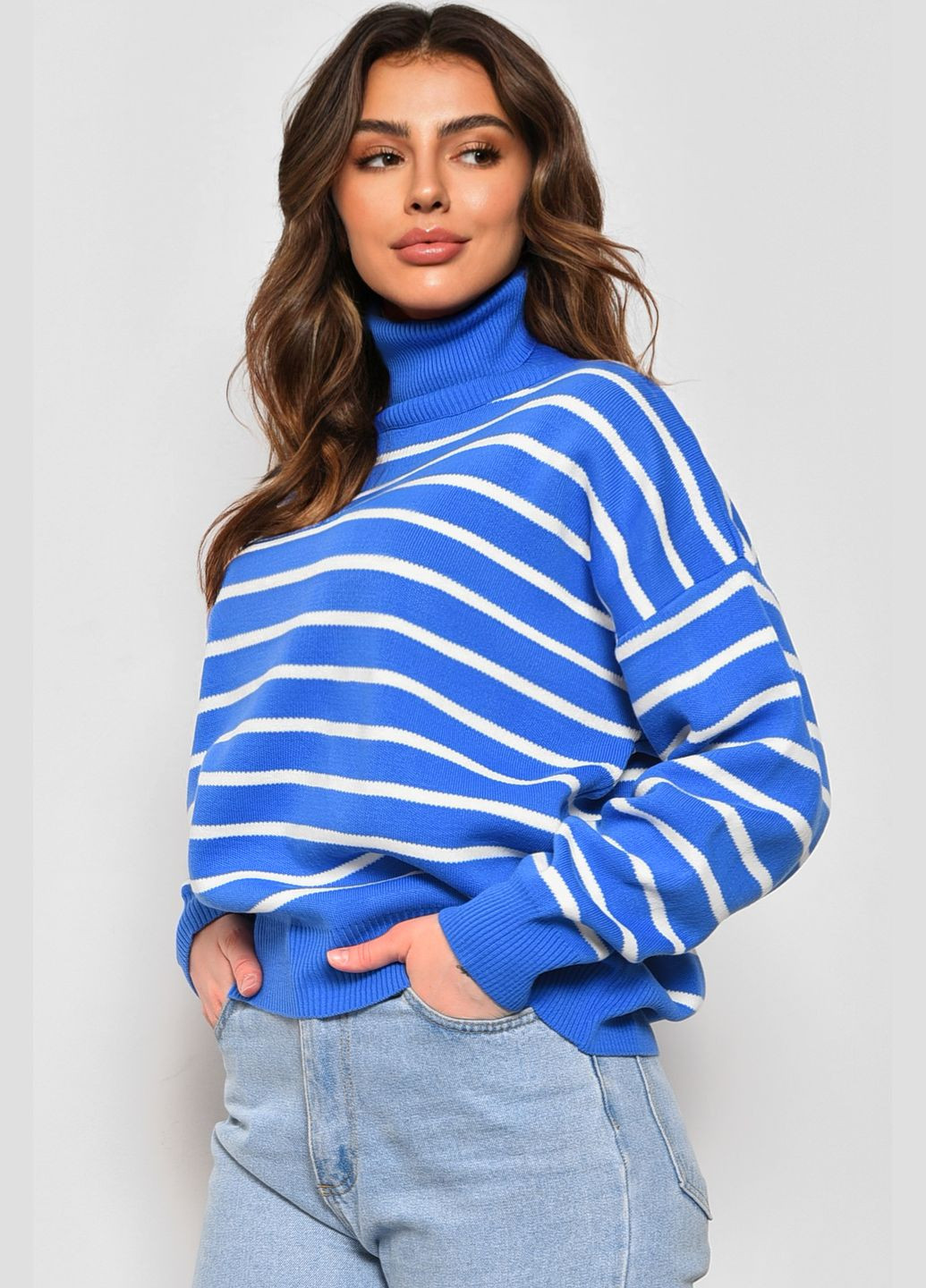 Синій зимовий светр жіночий в смужку синього кольору пуловер Let's Shop