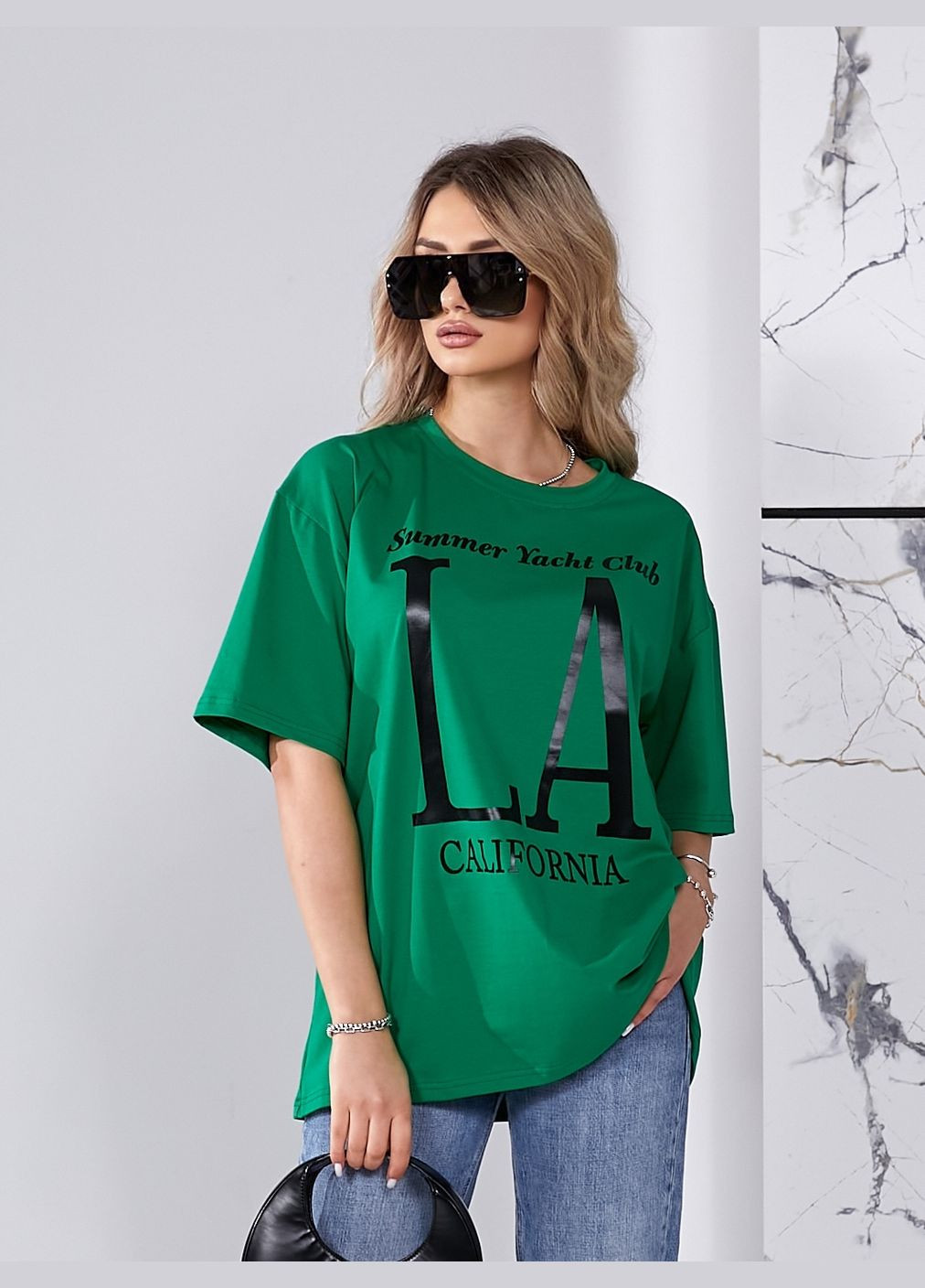 Зеленая всесезон оверсайз футболка la с коротким рукавом No Brand