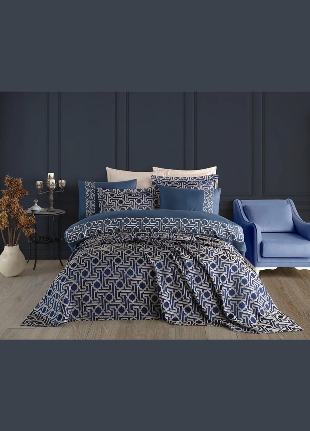 Набор постельного белья с вышивкой и жаккардовым покрывалом Luna bej бежевый евро Dantela Vita (285778824)