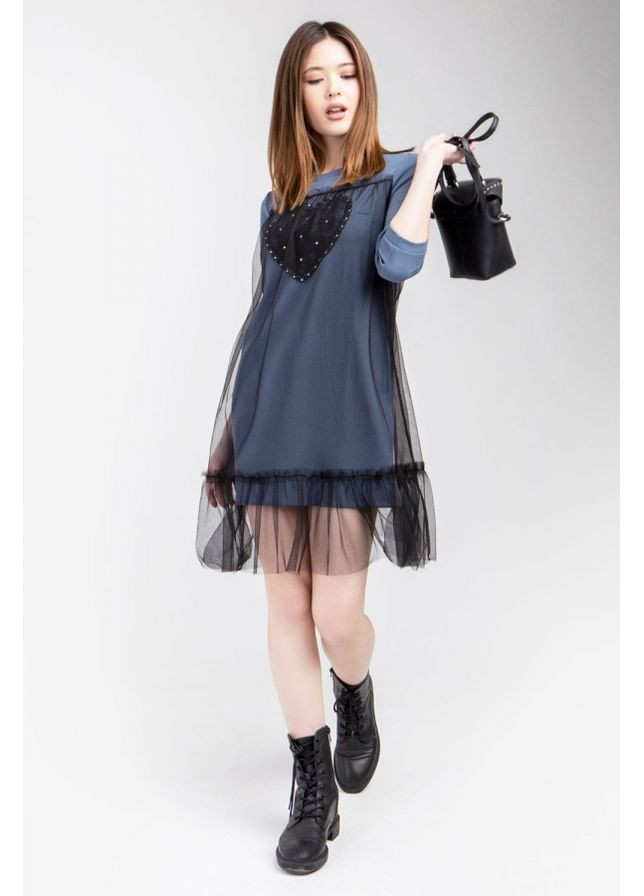 Темно-голубое повседневный мягкое платье-туника со свободным кроем для комфорта и стильного вида (1398) Triko Bakh